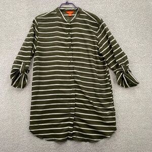 Joe Fresh Blouse Womens Medium Green Striped Long Light Weight Full Button